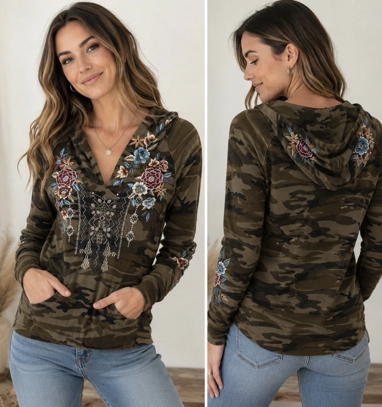 Johnny Was Elena Thermal Hoodie Camo Floral Embroidered Boho Pullover Size M