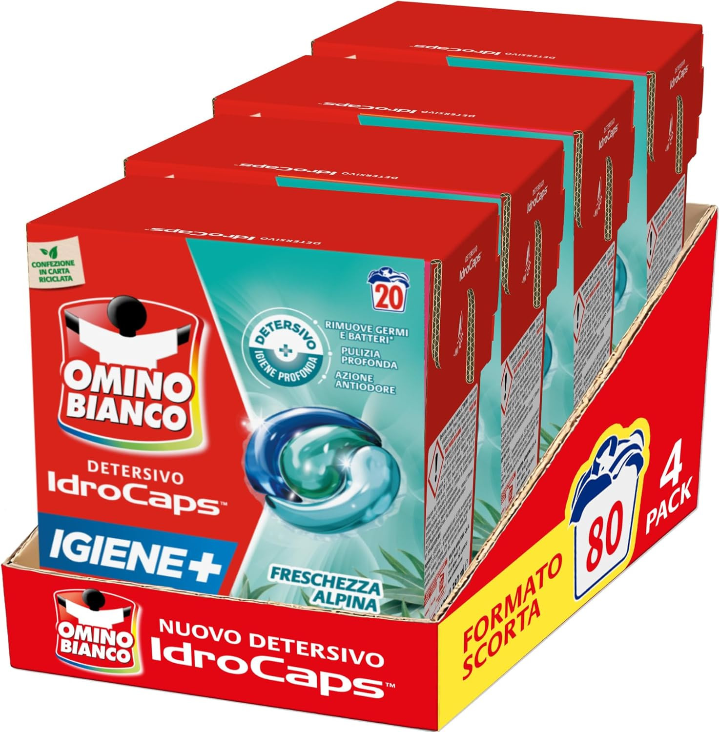 Idrocaps - Detersivo Lavatrice in Capsule Igiene, 80 Lavaggi, Efficace a Basse T