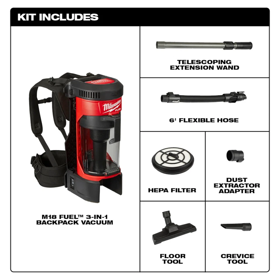 Milwaukee M18 FUEL 3-in-1 Backpack Vacuum, Tool Only, Model# 0885-20 - Image 2 of 4