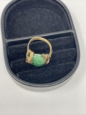 Hand Crafted Gold Tone Wire Wrapped Green Stone Statement Ring- size 12.