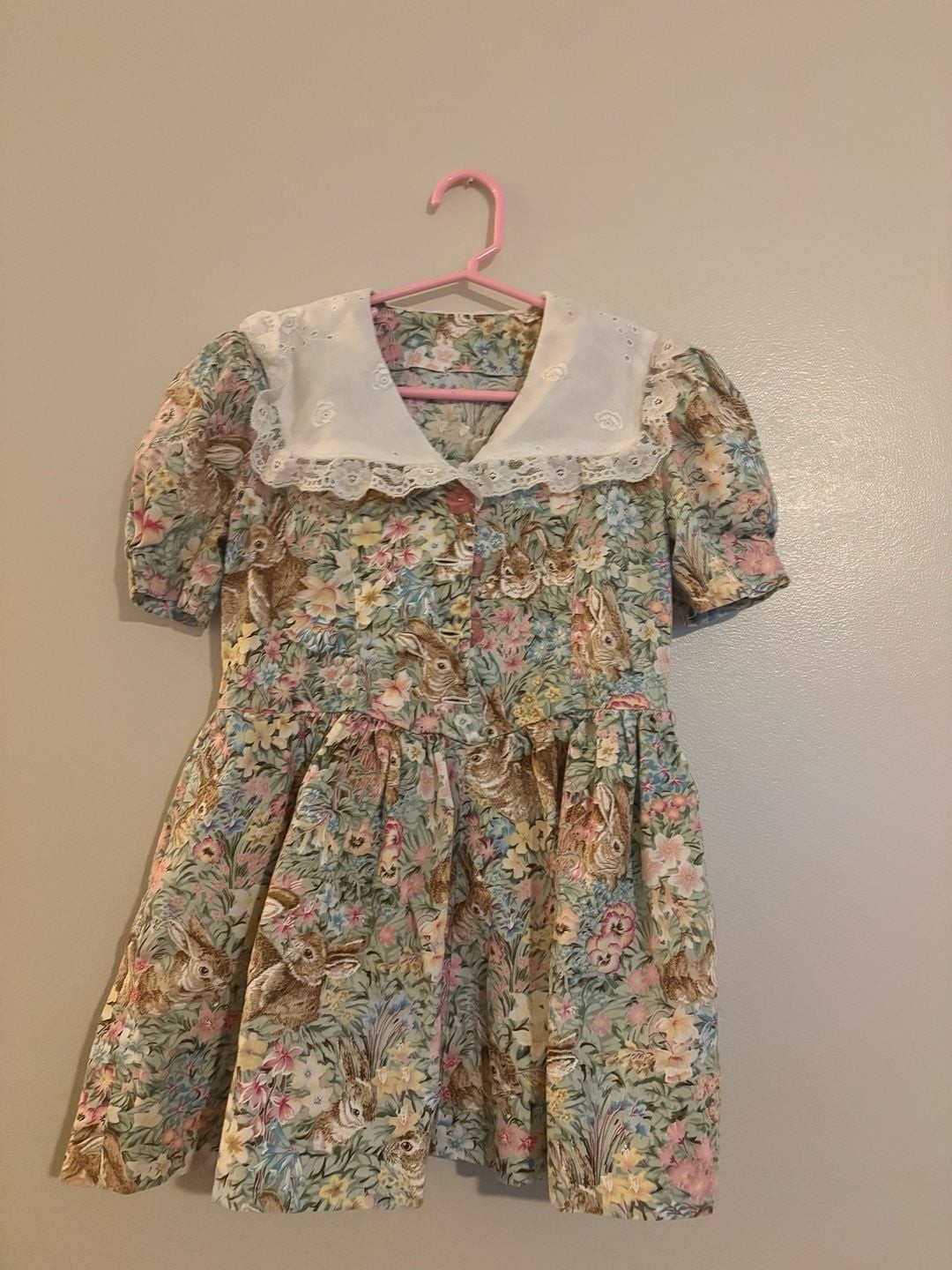 Vintage Style Handmade Floral Rabbit Print Girls Cottagecore Dress with Lace Pet