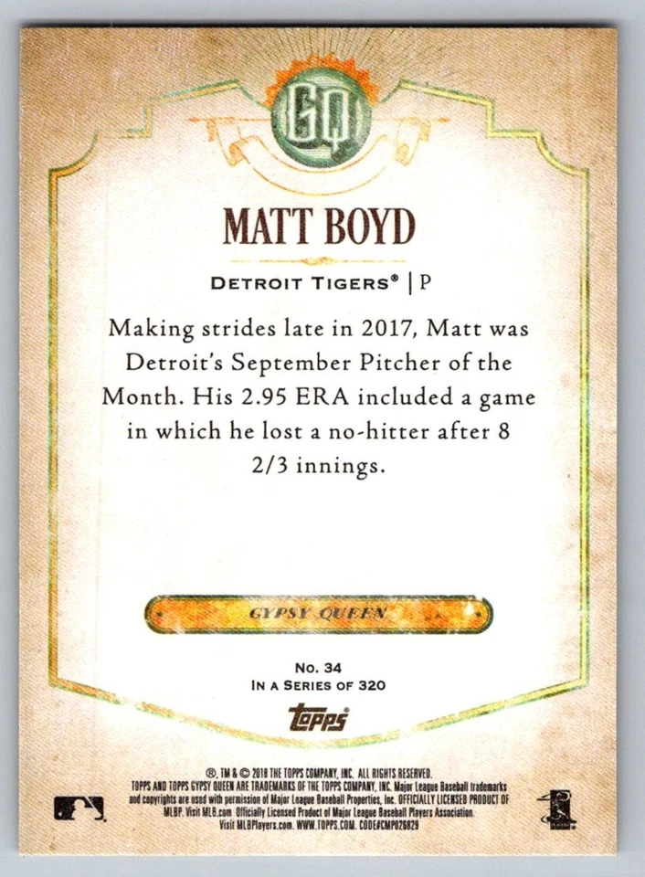 2018 Topps Gypsy Queen - Matthew Boyd #34 - Image 2 of 2