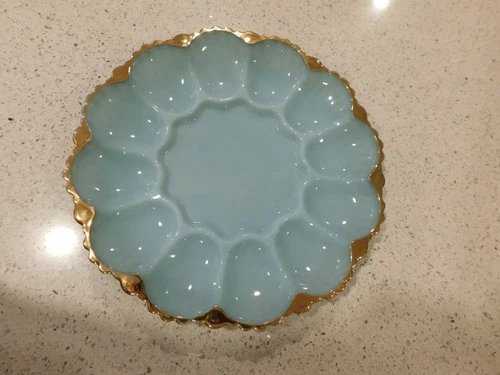 VINTAGE ANCHOR HOCKING - DELPHITE BLUE DEVILED EGG PLATE W/ GOLD TRIM - 10 INCH