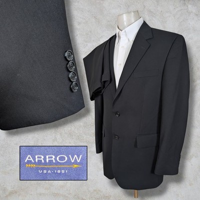 Arrow 2 Piece suit Mens 42R Pants 36x32 Solid Black Wool 2 Button Front