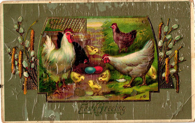 c1910's Easter Greetings Chicken Hen Chicks Eggs Embossed Antique Postcard L3
