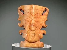 Rare "Shi Jia He" Culture Jade Carved God Person Face Design Pendant L 4.5 CM