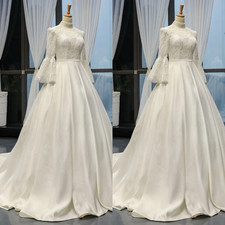 High Neck Wedding Dresses Long Sleeve Sweep Train Satin Elegant Bridal Gowns