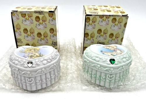 (2) PRECIOUS MOMENTS HEART BIRTHSTONE TRINKET BOXES APRIL & MAY NIB