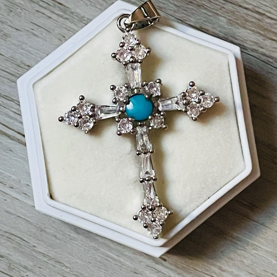 Handmade Turquoise Pendant Necklace 925sterling Silver Cross Deco Diamond Halo - Image 4 of 4