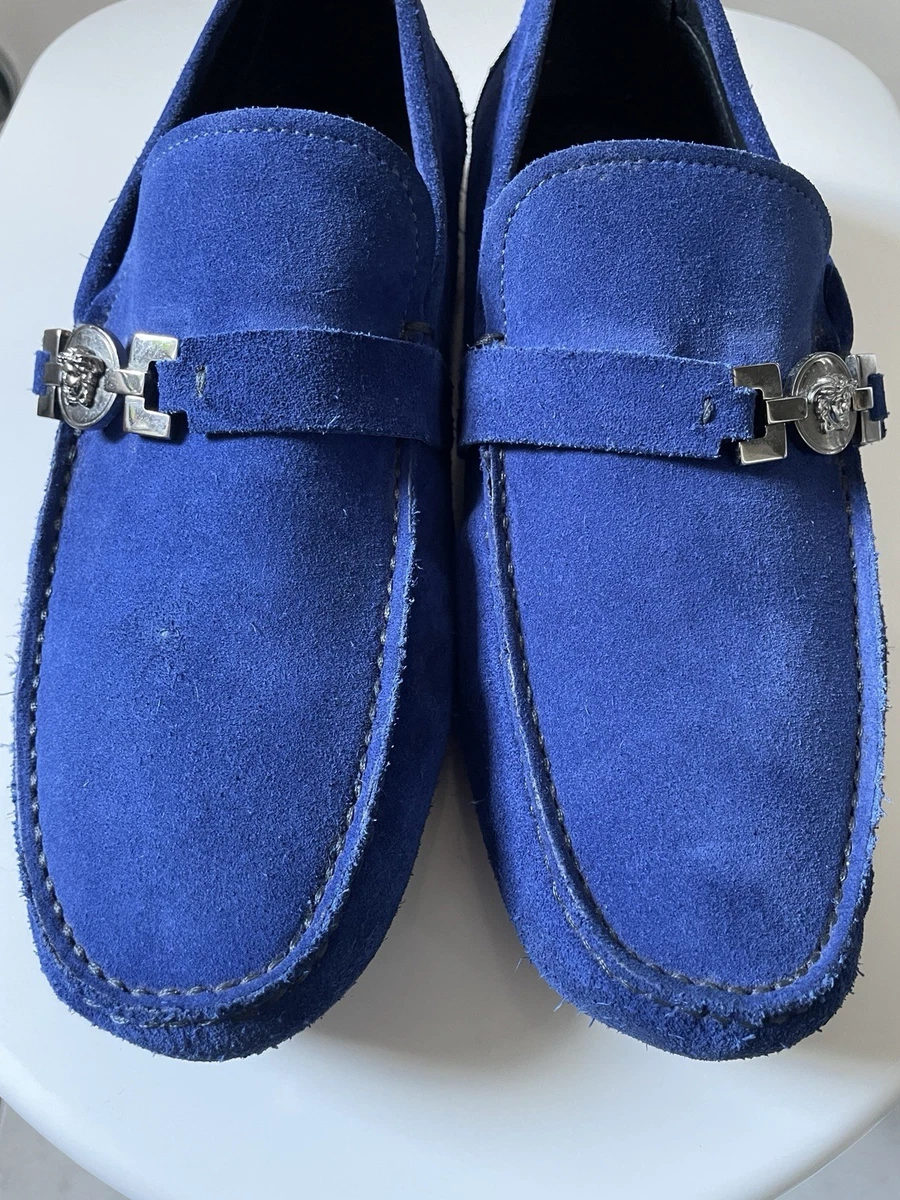 Mocasines para hombre Versace gamuza azul con hebilla, informales sin cordones punta almendra