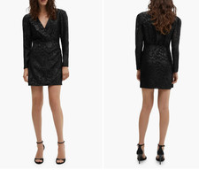 MANGO MNG - Black Metallic Floral Jacquard Long Sleeve Faux Wrap Minidress - 10