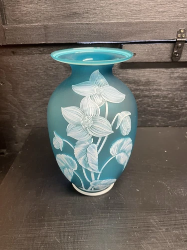 A Stunning Vintage MCM Fenton Gallery Originals 9” Blue Azure Satin Glass Vase