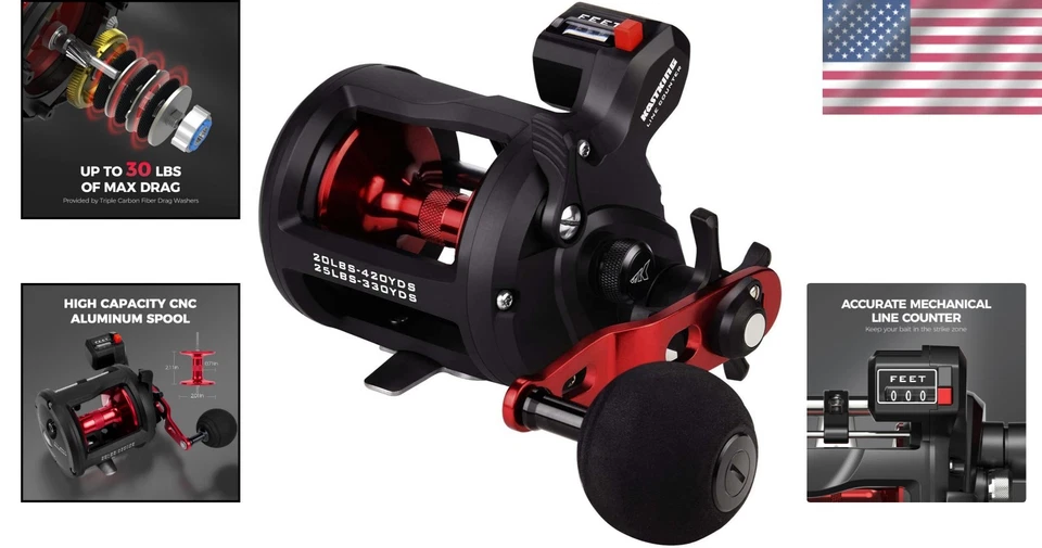 Carrete de baitcasting versátil para bagre, lubina y más - 30 libras de arrastre, para diestros Foto 2 de 4