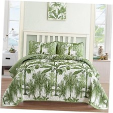 Tropical Plants Quilt Set 3 Pieces Palm Botanical Bedspread King Size Green
