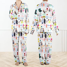 Unisex Summer Print Pajama Set Long Sleeve Button Top  Pants S-5XL Sleepwear