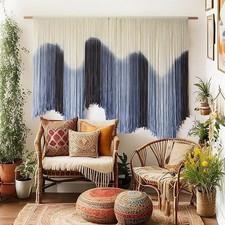 IOWER Macrame Wall Hanging Large Blue Dip Dyed Fiber Art Tapestry, 57" W x 39" L