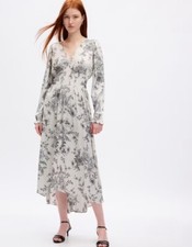 GAP NWT Tall Smocked Floral Long Sleeve Maxi Dress -Grey Floral -Size Small Tall