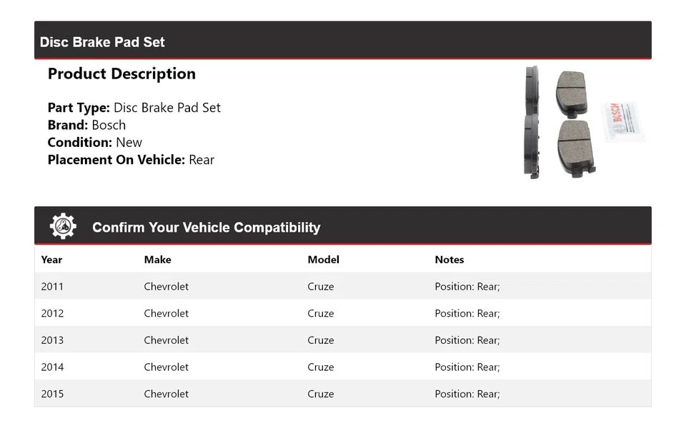 Pastillas de freno traseras de cerámica QuietCast para Chevrolet Cruze Bosch 2011-2015 2012 2013 Foto 2 de 4