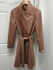 Ted Baker Camel Brown Wool Cashmere High Neck Belted Wrap Long Dress Coat 4 14 L