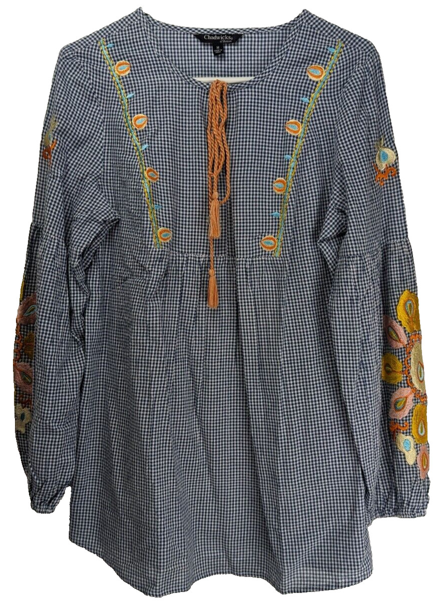 Chadwicks Of Boston Women M Blue Gingham Blouse Embroidered Long Sleeve Top