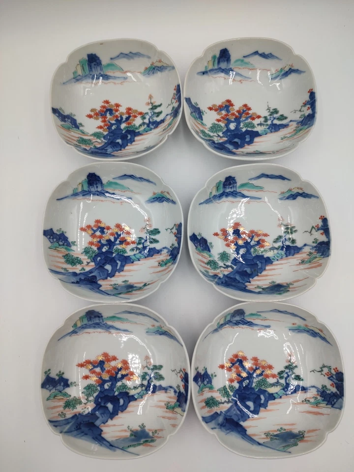 Antiguo Juego de 6 Cuencos de Porcelana Período Meiji Kakiemon Montaña Paisaje Japón  Foto 2 de 4