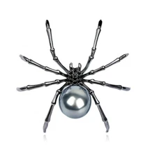 Gunmetal Spider Jet Black Rhinestone Big Silver Pearl Pin Brooch