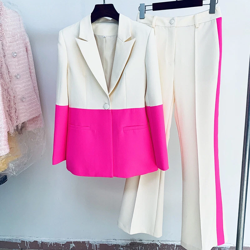 Women Flare Pants Suit Hot Pink Light Beige Blazer + Flare