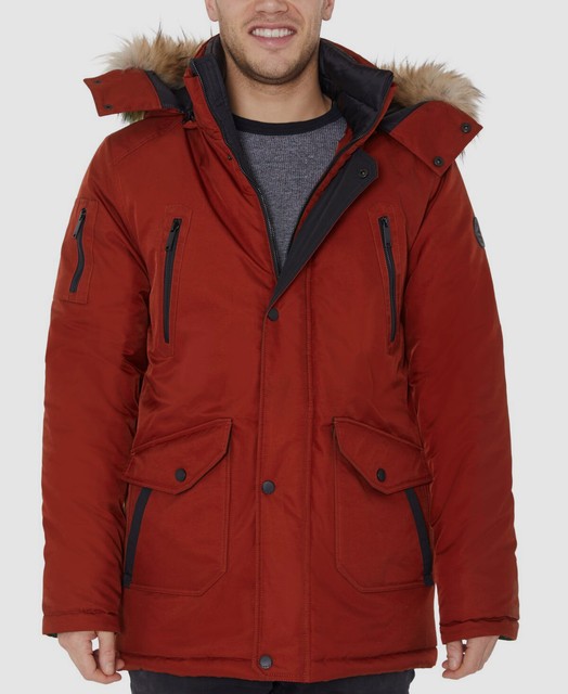 495 HFX Halifax Men's Red Faux Fur Trim Hooded Coat Parka Jacket Size