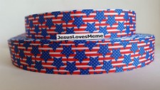 Grosgrain Ribbon, Patriotic Polka Dot Blue Stars on Red White Stripes, USA, 1"