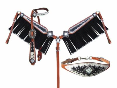 Stingray & Filligree Headstall & Fringe Breast Collar Wither Strap Reins NEW