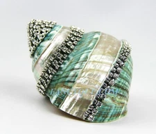 THORSON HOSIER MADE IN USA MOP LARGE SHELL AQUA GREEN TURBO SWAROVSKI NEW BOX