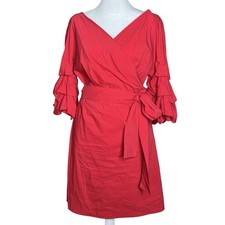 Zara Woman Red Wrap Dress Small Ruffle Sleeve Belted V-Neck Knee Length
