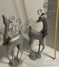 2 Silver Glitter Holiday Deer Reindeer Figurines Christmas Approx 18 Tall