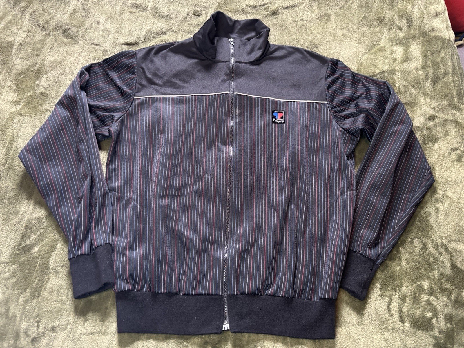 Vintage 80s Pinnacle Track Jacket Mens Large Black Blue Red Pinstripe Full Zip