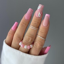 Halloween Press On Nails Medium Square French Tip With Ghost Designs - Pink C...