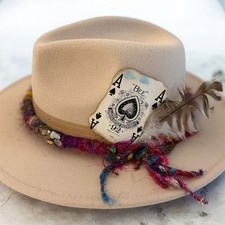 Boho Western Rancher Hat Cream Wide Brim Fedora Ace Card Feather Trim