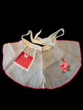 Vtg 1950s Sheer Organdy Hostess Apron Red Rose Applique Lace Pocket Rockabilly