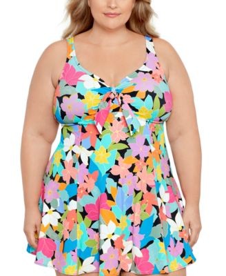 Swim Solutions Plus Size Tummy Control Bow-Fr Floral Frenzy 22W