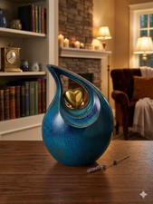 Blue Teardrop Cremation Urns for Human Ashes/Large Urn with Gold Heart Your Love