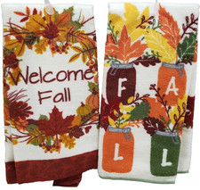 Set of 2 Different Microfiber Kitchen Towels 14"x24" MULTICOLOR FALL LEAVES,DG