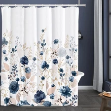 Aesthetic Navy Blue Floral Shower Curtain Sets Watercolor Gold Flowers Leaves...