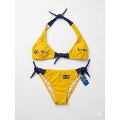 Y2K Corona Extra Bikini Set Yellow  Blue Halter Tie Swimsuit NWT M/L Deadstock