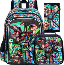3PCS Kids Dinosaur Backpack, 16" Boys Bookbag with Lunch Box, Water Resistant El