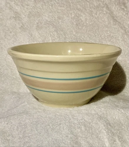 Vintage McCoy 8" Oven Proof Mixing Bowl Pink Blue Stripes USA Stoneware Pottery
