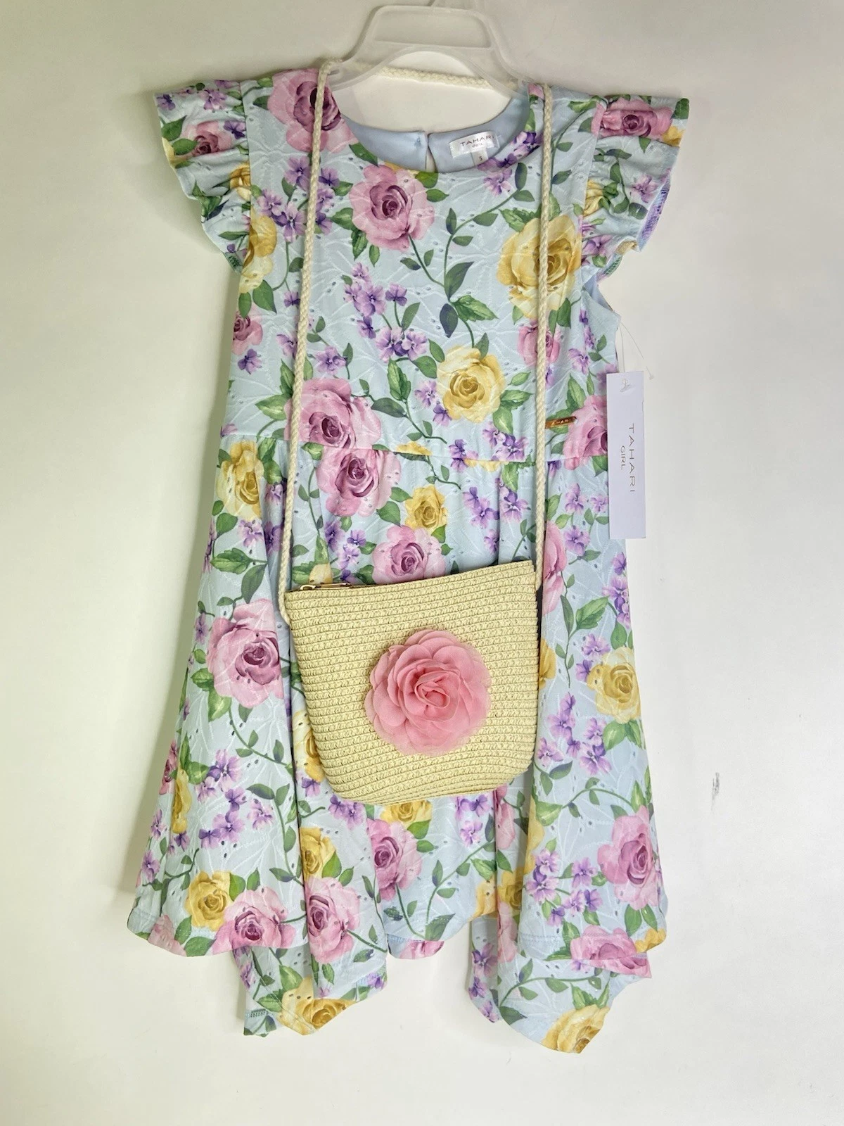 Tahari Girl Fit and Flare Dress Eyelet Floral Matching Purse Bag Girls Size 5