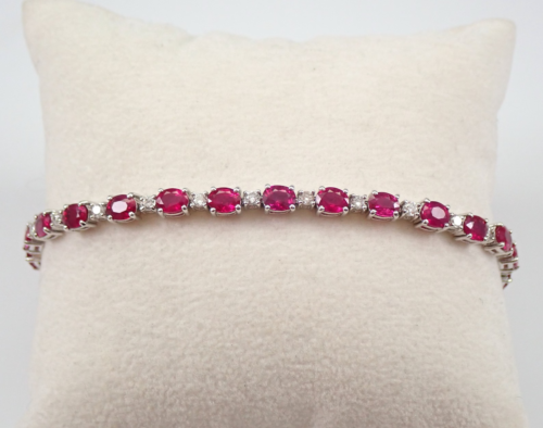 5CT Oval Cut Lab Created Red Ruby Tennis Bracelet 14K White Gold Plated Silver - Picture 1 of 6