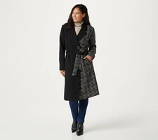 New Du Jour 1X Two Tone Overcoat Belt Black Plaid Long Simi-Fitted New QVC 1364