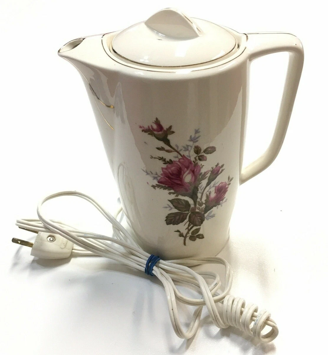 Hot Water Kettle Pot Tea Vintage Electric White Ceramic Porcelain 6 Rose  Japan