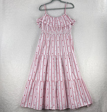 LOFT Maxi Dress Womens Medium Red Striped Embroidered Sleeveless Summer Casual