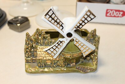 Windmill Flower Planter - Olive Green with Gold Trim - Mid Century Modern